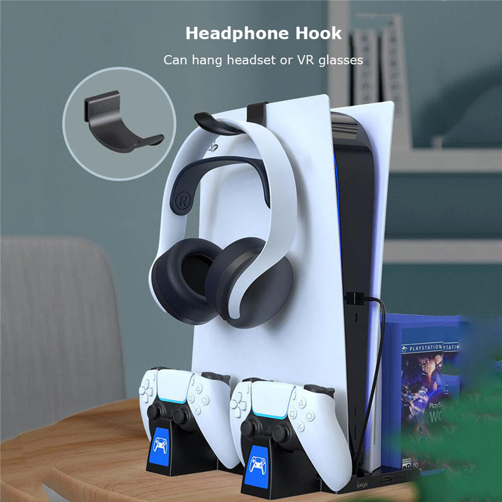 IPEGA PG-5009 Multifunctional Vertical Charging Dock Game Controller Charging Stand Storage Holder with Headset Hook Game Disc Container for PS5 IPEGA PG-5009 Multifunctional Vertical Charging Dock Game Controller Charging Stand Storage Holder with Headset Hook Game Disc Container for PS5